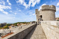 Scorcio panoramico del centro dal camminamento lungo le mura di Dubrovnik, Croazia. Lo spessore delle mura, a seconda del versante su cui si affacciano, varia da 1,5 a 6 metri.
