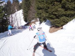 Scuola di sci per bambini a Morgins, Svizzera. Un gruppo di piccoli sciatori a lezione durante le vacanze - © steve estvanik / Shutterstock.com