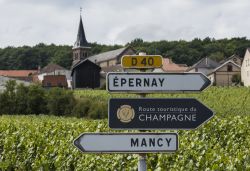 Segnaletica stradale per la Strada Turistica dello Champagne nei pressi di Epernay, Francia. Sullo sfondo i vigneti del distretto Valle de Marne - © Daan Kloeg / Shutterstock.com