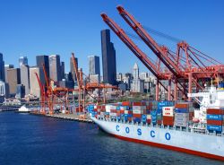 Skyline di Seattle con gru per traghetti e nave a Puget Sound, stato di Washington (USA) - © steve estvanik / Shutterstock.com