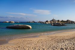 Spiaggia dorata e mare blu sull'isola francese di Lavezzi, Corsica.
