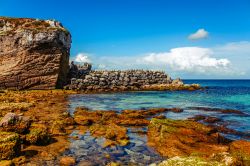 Spiaggia e oceano a Tarifa, Spagna. Punta di Tarifa, promontorio più meridionale dell'Europa, è bagnata dalle acque del Mediterraneo a est e dall'oceano Atlantico a ovest ...