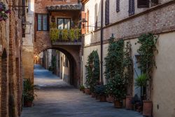 Una stradina del centro medievale di Buonconvento, Toscana, fotografata nel tardo pomeriggio.

