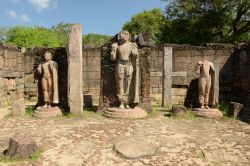 Le suggestive rovine di Hatadage a Polonnaruwa, Sri Lanka. Questo antico tempio venne costruito utilizzando pietra, mattoni e legno anche se ad oggi ne rimangono solo alcune parti. In origine ...
