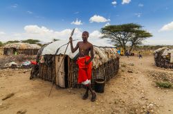 Un tradizionale villaggio della tribù Samburu nell'Amboseli, Kenya. Parco nazionale dal 1974, l'Amboseili si estende oggi per circa 392 chilometri quadrati e si innalza fra i ...