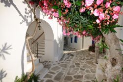 Tradizionale viuzza nella città di Chora sull'isola di Amorgos, Grecia. Linee perfette interrotte solo dalle macchie blu delle finestre, delle porte e del cielo in lontananza caratterizzano ...