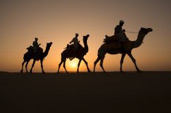 Tre uomini con dromedario nelle dune del deserto di Thar al tramonto, Jaisalmer, India.

