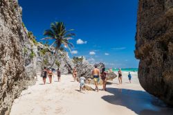 Turisti in spiaggia a Tulum vicino alle rovine dell'antica città maya, Messico. Siamo sulla costa caraibica della penisola messicana dello Yucatan - © Matyas Rehak / Shutterstock.com ...