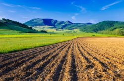 Un campo arato e sullo sfondo il Monte Pennino in Umbria, siamo non lontano dal Parco Regionale di Colfiorito