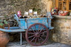Un carretto in legno azzurro con prodotti locali in vendita a Beynac-et-Cazenac (Francia) - © wjarek / Shutterstock.com