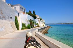 Un cavallo traina un carretto per il trasporto pubblico a Spetses, Attica, Grecia.
