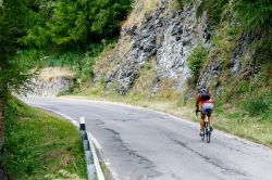 Un ciclista su una strada di montagna nei pressi di Arolla, Svizzera - © Taesik Park / Shutterstock.com