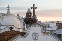 Un nido di cicogne e le torri della principale chiesa di Olhao, Portogallo.


