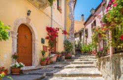 Un pittoresco angolo del centro storico di Forza d'Agrò (Sicilia) impreziosito da fiori e alberi.
