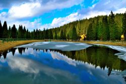 Un pittoresco lago artificiale a Rogla, Slovenia. Gli alberi che circondano questo bacino creato dall'uomo si rispecchiano nelle acque colorate già dal blu del cielo.
