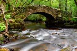 Un ponte in pietra sulle acque del fiume Bovey presso Hisley Woods nel Dartmoor National park, sud Inghilterra