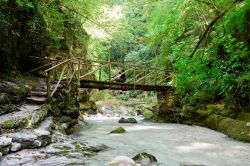 Un ponticello di legno nella valle dell'Orfento a Caramanico Terme, Abruzzo, Italia. La Riserva Naturale della Valle dell'Orfento si estende su un territorio che sale da 500 a 2600 metri ...