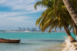 Un tratto della costa di Boca Chica nella Repubblica Dominicana con una palma sulla spiaggia e una barca ormeggiata - © Valeriya Pavlova / Shutterstock.com