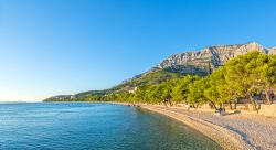 Un tratto della spiaggia di Tucepi illuminata al mattino dalla luce del sole (Croazia).

