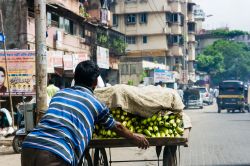 Un venditore di banane spinge il suo carretto lungo le strade di Mumbai, India.
