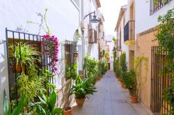 Un vicoletto con fiori nel centro storico di Javea, Spagna.

