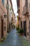 Un vicolo del borgo antico di Trevignano Romano, Lazio. Questo grazioso centro è perfetto per rilassarsi andando alla scoperta dei suoi scorci più suggestivi.
