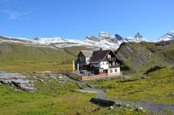 Una baita ristoro a Glattalp, valle di Muotathal, Svizzera. Si possono degustare formaggi alpini e altri prodotti gastronomici tipici. 
