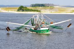 Una barca da pesca attraversa il canale della baia di Biloxi con le reti stese, Mississipi, Stati Uniti. L'industria della pesca è una delle principali attività economiche ...