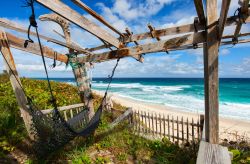 Una bella veduta sulla spiaggia tropicale e sull'oceano, isola di Eleuthera, Bahamas. Per rilassarsi, un'amaca in corda su cui dondolarsi guardando il mare.



