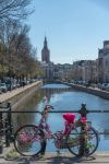 Una bicicletta decorata con fiori e carta rosa a L'Aia, Olanda. Sullo sfondo, la chiesa di San Giacomo.



