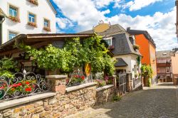 Una casa con fiori e alberi di vite nel centro storico di Rudesheim am Rhein, Germania.
