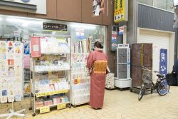 Una donna con un kimono tradizionale davanti ad un negozio a Himeji in Giappone - © November27 / Shutterstock.com