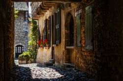 Una pittoresca viuzza del centro storico di Perouges, Francia, con fiori rossi e piante.
