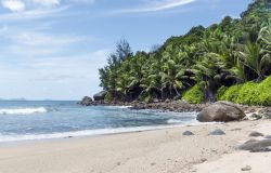 Una spiaggia deserta sull'isola di Silhouette, Seychelles (Africa). Situata appena 20 km a nord-ovest di Mahé, quest'isola selvaggia è lambita da un mare cristallino con ...