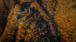 Una splendida veduta dall'alto con il drone di Irohazaki road, Nikko, Giappone. Si tratta di una strada tortuosa di 48 tornanti che collega il centro di Nikko con le alte quote della regione ...