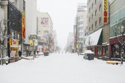 Una strada innevata di Asahikawa, Giappone. La città detiene il primato per le maggiori precipitazioni nevose annue - © twoKim images / Shutterstock.com