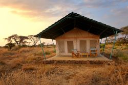 Una tenda lussuosa al Sentrim Amboseli Lodge Hotel fotografata al calar del sole, Kenya. Il lodge si trova nei pressi del Masai Mara National Park - © Oleg Znamenskiy / Shutterstock.com ...