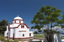 Una tradizionale chiesa greca a Mandraki, isola di Nisyros, Grecia, immersa nella vegetazione.


