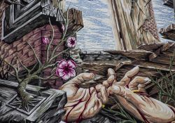 Uno dei Pugnaloni di Acquapendente nel Lazio, opere d'arte su tavole di legno realizzati a tcnica mosaico e con petali di fiore