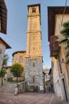 Uno scorcio del centro storico di Somma Lombardo, Lombardia: il campanile della basilica di Sant'Agnese visto da strada B.Zancarini all'alba.



