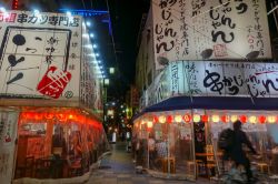 Uno scorcio notturno di Shinsekai Market Street a Osaka, Giappone. Skinsekai, che letteralmente significa "Nuovo Mondo", è un distretto di Osaka sviluppato prima della guerra ...