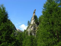 Uno sperone roccioso fra i pini nei pressi del villaggio di Arolla, Svizzera.
