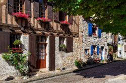 Vecchi edifici in pietra nel centro storico di Bergerac, Francia, con i balconi fioriti - © Steve Allen / Shutterstock.com