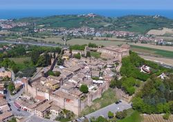 Veduta aerea del borgo di Gradara con il castello, Marche. Perfettamente conservato, il borgo è un vero e proprio gioiello di cui gli abitanti si prendono cura. Passeggiando per i suoi ...