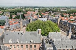 Veduta dall'alto dell'Abdijplein (Abbey Square) a Middelburg, Olanda. I suoi edifici medievali, visti dalla torre Lange Jan, ospitano museo e governo provinciale - © Frans Blok ...