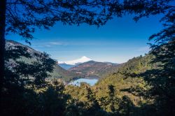 Una bella veduta del lago Tinquilco e del vulcano Villarrica dal Parco Nazionale Huerquehue di  Pucon, Cile. Questo parco naturale si trova ai piedi delle Ande, nella foresta pluviale temperata ...