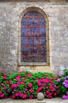 Vetri colorati e istoriati nella finestra di una chiesa di Carnac, Francia. Ad abbellire l'austero edificio religioso ci sono cespugli di fiori profumati.

