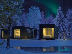 Viaggio di Nozze in Finlandia: Panorama Design Hut a Rovaniemi di notte.
