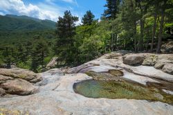 Vizzavona, paesaggio montano con le Cascate degli Inglesi (Corsica). E' il luogo ideale per chi desidera trascorrere una giornata al fresco presso le pozze che il torrente Agnone forma durante ...