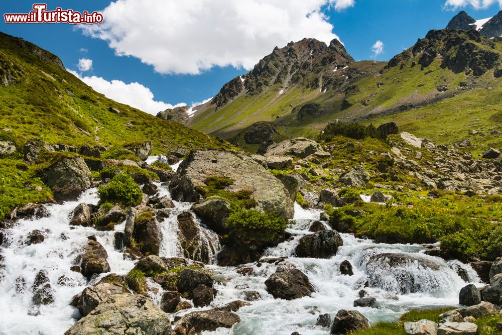 Immagine Il piccolo torrente di montagna Futscholbach nella valle Jamtal vicino a Galtur (Austria) fotografato in estate.